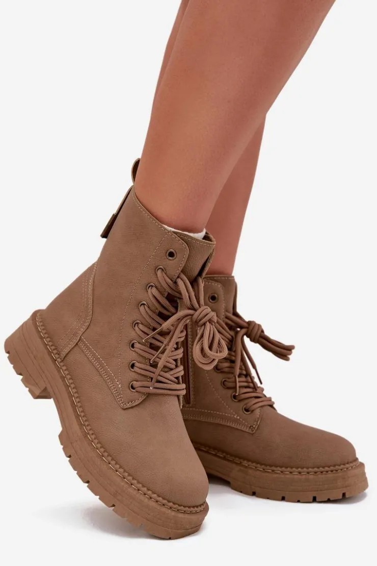 Boto Damskie Trapery|Botki Sznurowane*Damskie Botki Workery Na Zamek Ciemnobeżowe Tirina Beżowy