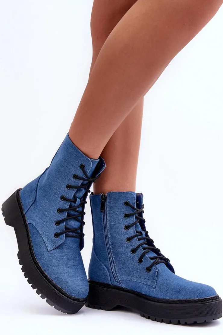 Boto Botki Sznurowane|Brązowe I Beżowe Botki*Damskie Botki Workery Niebieskie Teflorna