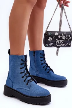 Boto Botki Sznurowane|Brązowe I Beżowe Botki*Damskie Botki Workery Niebieskie Teflorna