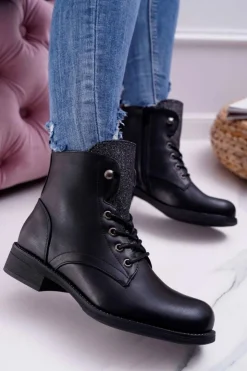 Damskie Boto Damskie Botki Workery Płaski Obcas Czarne Flumen