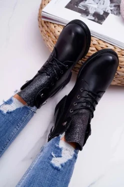 Damskie Boto Damskie Botki Workery Płaski Obcas Czarne Flumen