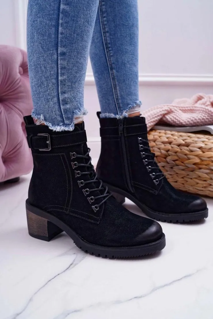 Damskie Buty Sergio Leone Damskie Botki Workery Sergio Leone Czarne BT705