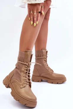 Boto Botki Sznurowane|Brązowe I Beżowe Botki*Damskie Botki Workery Sznurowane Ciemnobeżowe Marlissa Beżowy