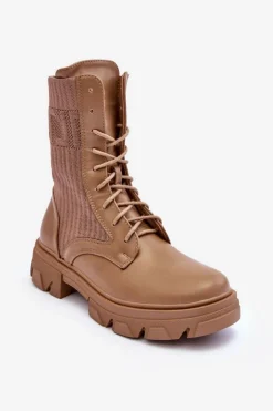 Boto Botki Sznurowane|Brązowe I Beżowe Botki*Damskie Botki Workery Sznurowane Ciemnobeżowe Marlissa Beżowy