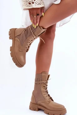 Boto Botki Sznurowane|Brązowe I Beżowe Botki*Damskie Botki Workery Sznurowane Ciemnobeżowe Marlissa Beżowy