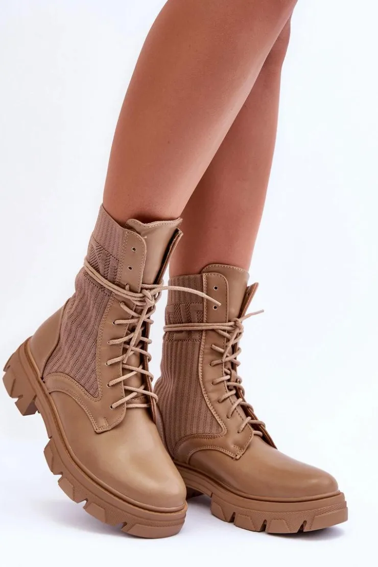 Boto Botki Sznurowane|Brązowe I Beżowe Botki*Damskie Botki Workery Sznurowane Ciemnobeżowe Marlissa Beżowy