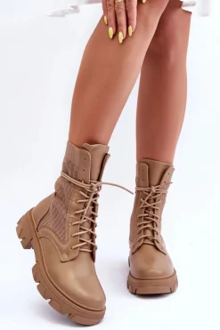 Boto Botki Sznurowane|Brązowe I Beżowe Botki*Damskie Botki Workery Sznurowane Ciemnobeżowe Marlissa Beżowy