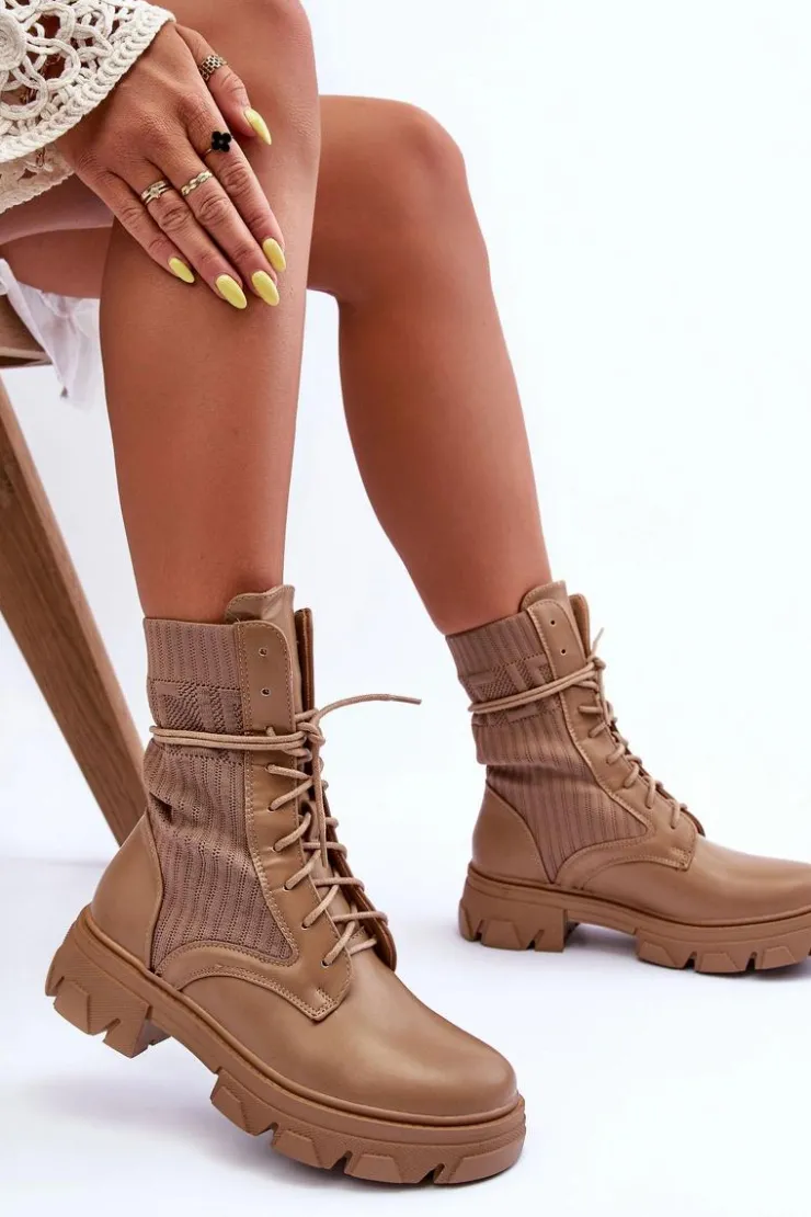 Boto Botki Sznurowane|Brązowe I Beżowe Botki*Damskie Botki Workery Sznurowane Ciemnobeżowe Marlissa Beżowy