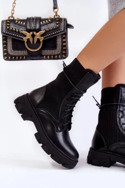 Boto Damskie Botki Workery Sznurowane Czarne Marlissa