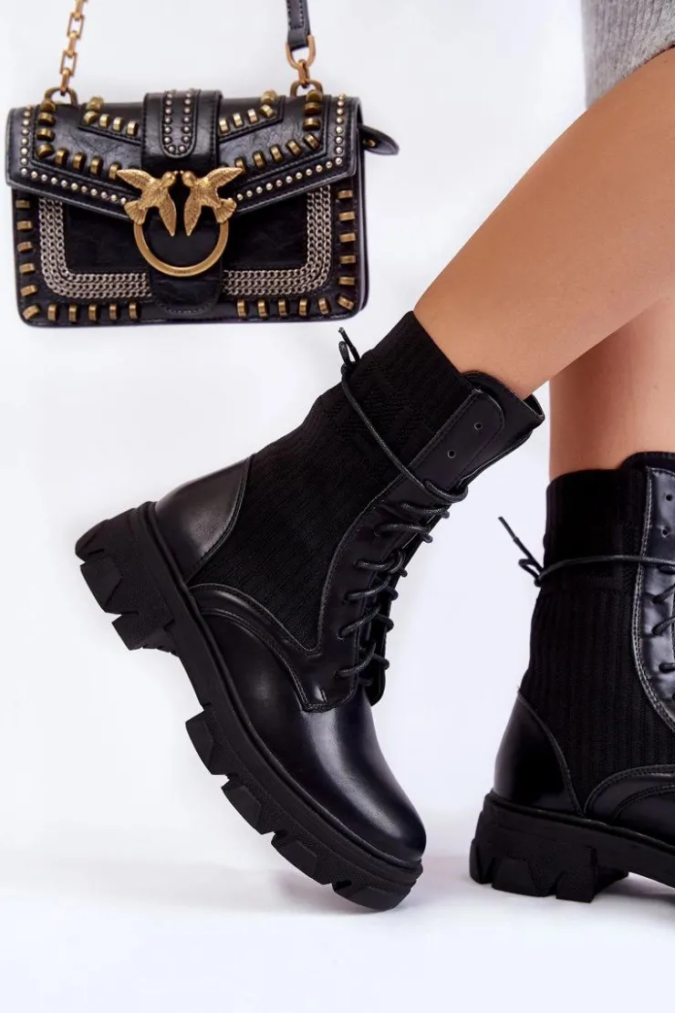 Boto Damskie Botki Workery Sznurowane Czarne Marlissa