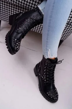 Boto Botki Sznurowane|Botki Zimowe Damskie*Damskie Botki Workery Z Dżetami Czarne Gether