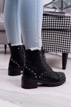 Boto Botki Sznurowane|Botki Zimowe Damskie*Damskie Botki Workery Z Dżetami Czarne Gether