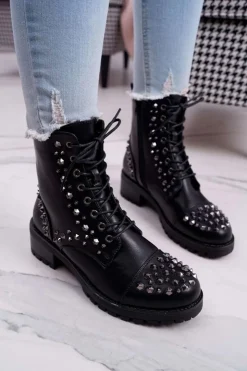 Boto Botki Sznurowane|Botki Zimowe Damskie*Damskie Botki Workery Z Dżetami Czarne Gether