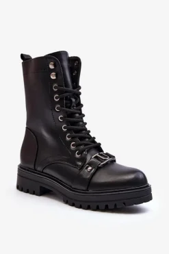 Boto Botki Sznurowane|Czarne Botki*Damskie Botki Workery Z Ozdobą Czarne Belluxe