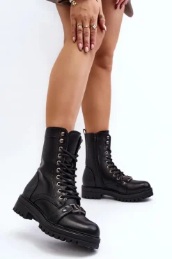 Boto Botki Sznurowane|Czarne Botki*Damskie Botki Workery Z Ozdobą Czarne Belluxe