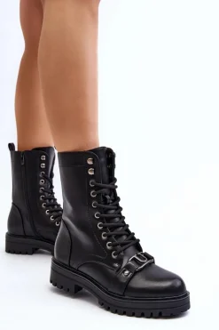 Boto Botki Sznurowane|Czarne Botki*Damskie Botki Workery Z Ozdobą Czarne Belluxe