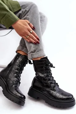 Boto Botki Sznurowane|Czarne Botki*Damskie Botki Workery Z Ozdobnym Tłoczeniem Czarne Tarolia