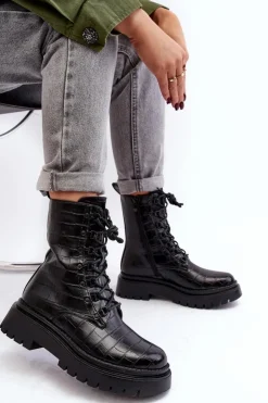 Boto Botki Sznurowane|Czarne Botki*Damskie Botki Workery Z Ozdobnym Tłoczeniem Czarne Tarolia