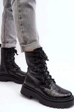 Boto Botki Sznurowane|Czarne Botki*Damskie Botki Workery Z Ozdobnym Tłoczeniem Czarne Tarolia