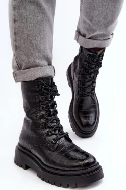 Boto Botki Sznurowane|Czarne Botki*Damskie Botki Workery Z Ozdobnym Tłoczeniem Czarne Tarolia