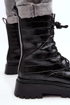 Boto Botki Sznurowane|Czarne Botki*Damskie Botki Workery Z Ozdobnym Tłoczeniem Czarne Tarolia