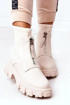 Boto Damskie Trapery|Brązowe I Beżowe Botki*Damskie Botki Workery Z Suwakiem Beżowe Cheers