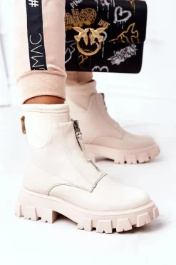 Boto Damskie Trapery|Brązowe I Beżowe Botki*Damskie Botki Workery Z Suwakiem Beżowe Cheers