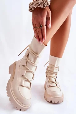 Boto Botki Zimowe Damskie|Brązowe I Beżowe Botki*Damskie Botki Workery Ze Skarpetą Beżowe Fallor