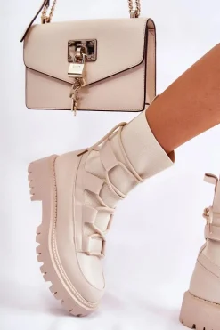 Boto Botki Zimowe Damskie|Brązowe I Beżowe Botki*Damskie Botki Workery Ze Skarpetą Beżowe Fallor