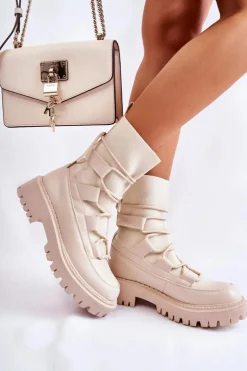 Boto Botki Zimowe Damskie|Brązowe I Beżowe Botki*Damskie Botki Workery Ze Skarpetą Beżowe Fallor