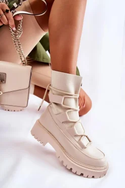 Boto Botki Zimowe Damskie|Brązowe I Beżowe Botki*Damskie Botki Workery Ze Skarpetą Beżowe Fallor