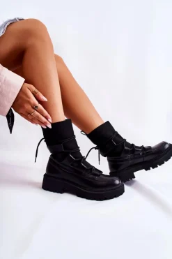 Damskie Boto Damskie Botki Workery Ze Skarpetą Czarne Fallor