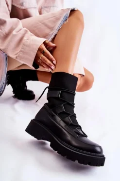 Damskie Boto Damskie Botki Workery Ze Skarpetą Czarne Fallor