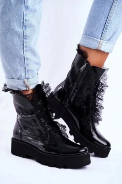 Damskie Boto Damskie Botki Wysokie Lakierowane Skórzane Montegero