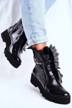 Damskie Boto Damskie Botki Wysokie Lakierowane Skórzane Montegero