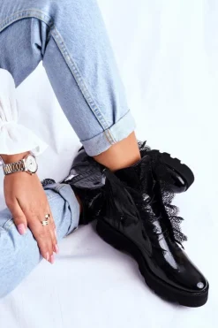 Damskie Boto Damskie Botki Wysokie Lakierowane Skórzane Montegero