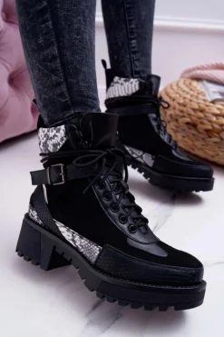 Damskie Boto Damskie Botki Wysokie Trapery Snake Czarne Nemtere