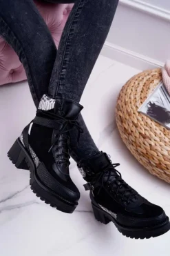 Damskie Boto Damskie Botki Wysokie Trapery Snake Czarne Nemtere