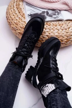 Damskie Boto Damskie Botki Wysokie Trapery Snake Czarne Nemtere