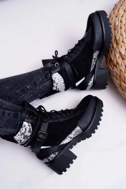 Damskie Boto Damskie Botki Wysokie Trapery Snake Czarne Nemtere