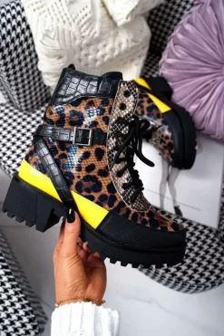 Boto Botki Sznurowane|Botki Zimowe Damskie*Damskie Botki Wysokie Trapery Leopard Femida