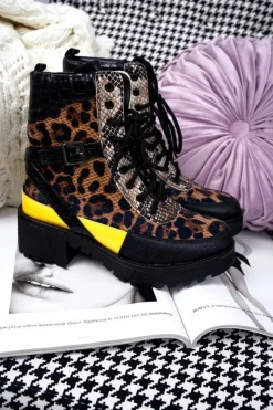 Boto Botki Sznurowane|Botki Zimowe Damskie*Damskie Botki Wysokie Trapery Leopard Femida