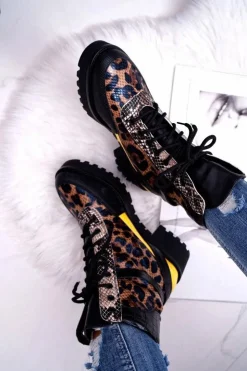 Boto Botki Sznurowane|Botki Zimowe Damskie*Damskie Botki Wysokie Trapery Leopard Femida