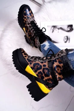 Boto Botki Sznurowane|Botki Zimowe Damskie*Damskie Botki Wysokie Trapery Leopard Femida