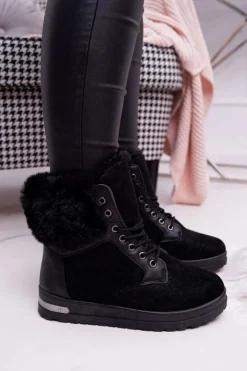 Online Boto Damskie Botki Wysokie z Futerkiem Czarne Glamiso