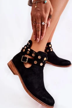 Boto Botki Wiosenne|Czarne Botki*Damskie Botki Z Dżetami Na Płaskim Obcasie Czarne Larino