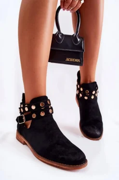 Boto Botki Wiosenne|Czarne Botki*Damskie Botki Z Dżetami Na Płaskim Obcasie Czarne Larino