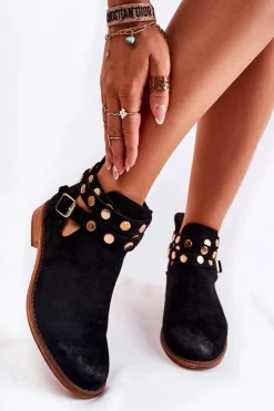 Boto Botki Wiosenne|Czarne Botki*Damskie Botki Z Dżetami Na Płaskim Obcasie Czarne Larino