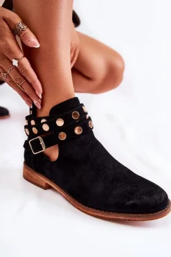 Boto Botki Wiosenne|Czarne Botki*Damskie Botki Z Dżetami Na Płaskim Obcasie Czarne Larino