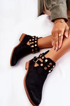 Boto Botki Wiosenne|Czarne Botki*Damskie Botki Z Dżetami Na Płaskim Obcasie Czarne Larino